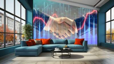 Multi exposure of forex graph on abstract background with two businessmen handshake. Concept of success on stock market Wall mural