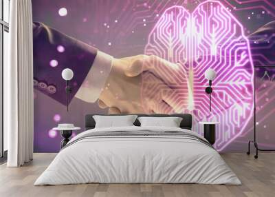 Multi exposure of human brain drawing on abstract background with two men handshake. Concept of data technology in business Wall mural