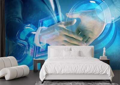 Multi exposure of seo icon drawing on abstract background with two men handshake. Concept of information search Wall mural