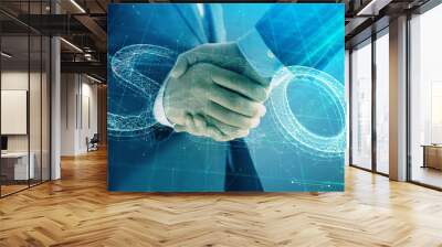 Multi exposure of seo icon drawing on abstract background with two men handshake. Concept of information search Wall mural