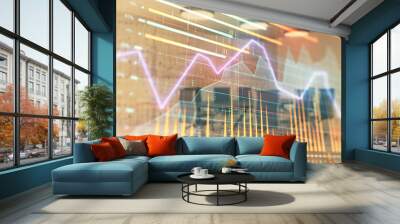 Multi exposure of stock market graph on conference room background. Concept of financial analysis Wall mural