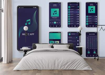 Music app concept in flat design. This image shows the music app's user interface with multiple screens displaying features such as songs, playlists, and settings. Vector Illustration. Wall mural