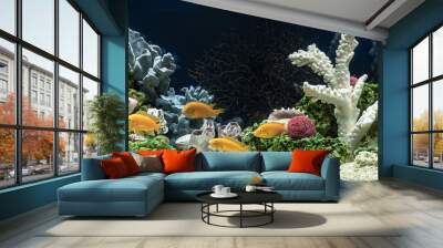 Freshwater aquarium in pseudo-sea style. Aquascape and aquadesign. Wall mural