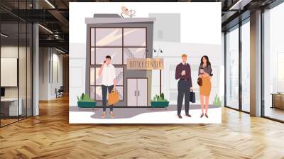 Office center building web concept. Employees stand at entrance, drinking coffee, discussing work. Businessman making call. People scenes template. Vector illustration of characters in flat design Wall mural