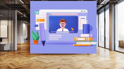 Online education concept 3D illustration. Video lectures and lessons on educational platform, viewing webinars, video chats with teachers, e-learning. Vector illustration for modern web banner design Wall mural