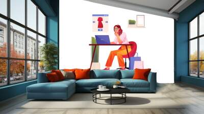 Online shopping concept with people scene in the flat cartoon style. Girl choose a new dress in the online store. Wall mural