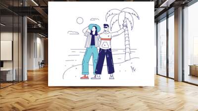 People in travel concept in flat line design for web banner. Couple of tourists resting on tropical island, trip on vacation at sea, modern people scene. Illustration in outline graphic style Wall mural