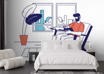 People reading book concept in flat line design for web banner. Man sits with book in armchair, literature lover is resting at home, modern people scene. Vector illustration in outline graphic style Wall mural