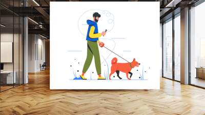 People sit in gadgets modern flat concept. Young man walks dog and scrolls news feed on smartphone. Online addiction and communication. Illustration with people scene for web banner design Wall mural