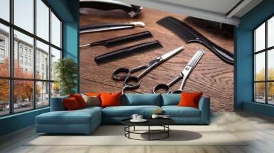 An Hairdresser Tools On Desk Wall mural