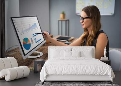 Businesswoman Analyzing Graph On Computer Wall mural