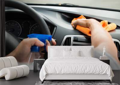 Male Worker Cleaning Car Dashboard Wall mural