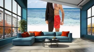 Man In Formalwear And Shorts Standing At Beach Wall mural