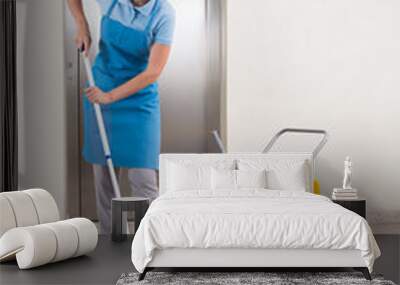 worker with cleaning equipments and wet floor sign Wall mural