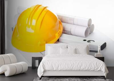 Yellow helmet on house project construction plan Wall mural