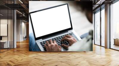 Young Man Using Laptop At Home Wall mural