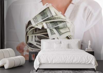 Young Woman Holding A Box Of Currency Wall mural