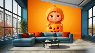 portrait smiling kids in halloween costume pumpkin Wall mural