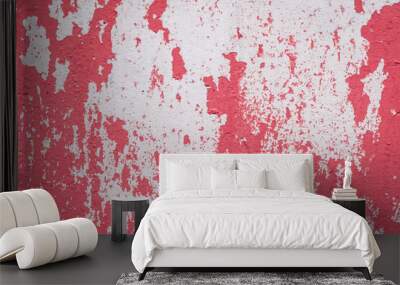 Red peeling paint abstract color pattern design worn weathered white wall surface texture background Wall mural