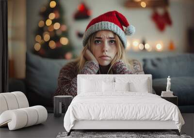 sad upset young girl in santa hat waiting for christmas, boring mood of woman on holiday eve Wall mural