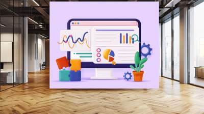 Seo analysis concept 3D illustration. Icon composition with site interface with data and statistics. Search engine optimization, website promotion strategy. Vector illustration for modern web design Wall mural