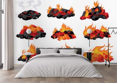 Set of burning charcoals in flat cartoon design. Various images of burning coals showing multi-colored flames in different stages. Vector illustration. Wall mural