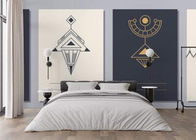 Set of flyers, posters, placards, brochure design templates A6 size with geometric icons. Symbols of magic, alchemy, spirituality, occultism. Vertical blanks with sacral geometric signs. Wall mural