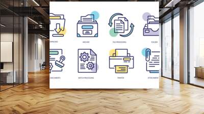 Set of linear icons with Document concept in purple, yellow on blue colors. Images of various documents, their storage in folders and their destruction. Vector illustration. Wall mural