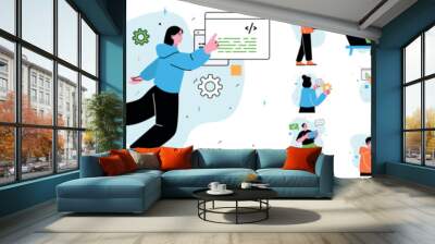 Set of mini concepts on the topic of business bundle. Image in flat cartoon style of creating business bundle by different people. Vector illustration. Wall mural