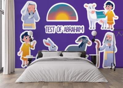 Set of stickers Test of Abraham in flat cartoon design. These beautiful, bright stickers illustrate baby Isaac and the moment when God decided to test Abraham's faith. Vector illustration. Wall mural