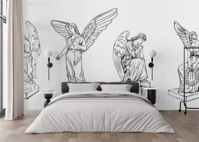 Set off Crying praying Angels sculptures with wings. Coloring page of the statues of an angel. Silhouettes of angel statues. Isolated. Vector illustration Wall mural