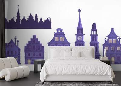 Set with traditional European old town.Town hall, chapel, beautiful houses, city street. Vector cartoon ancient buildings on white background. Isolated Wall mural