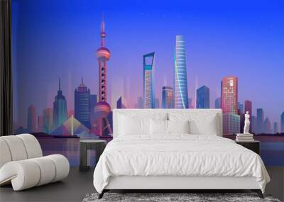 Shanghai landing page in flat cartoon style. Chinese night city panorama with skyscrapers, urban landscape. Business trip and travelling of famous landmarks. Illustration of web background Wall mural