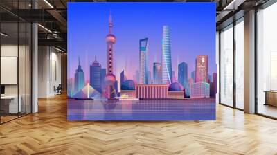 Shanghai landing page in flat cartoon style. Chinese night city panorama with skyscrapers, urban landscape. Business trip and travelling of famous landmarks. Vector illustration of web background Wall mural