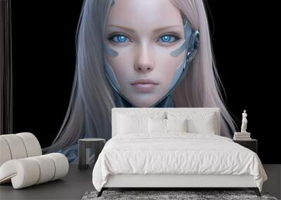 A beautiful robot girl. A futuristic female humanoid. A fantastic cyborg woman. Sci fi cyberpunk art. Hi-tech painting. The concept of artificial intelligence. Wall mural