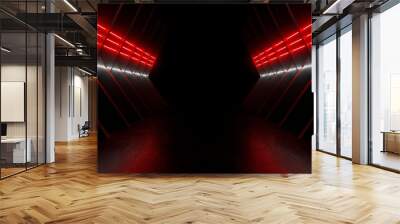 A dark corridor lit by red neon lights. Reflections on the floor and walls. 3d rendering image. Wall mural