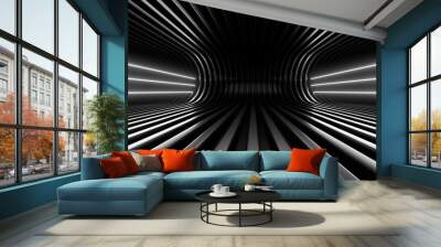 A dark corridor lit by white neon lights. Reflections on the floor and walls. 3d rendering image. Wall mural