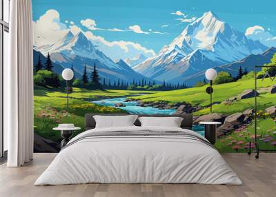 Beautiful landscape. Small river. Mountains on the horizon. Green meadow. Forest. Clear sky. Bright warm colors. The beauty of the nature. Landscape work of art. Vector illustration design. Wall mural