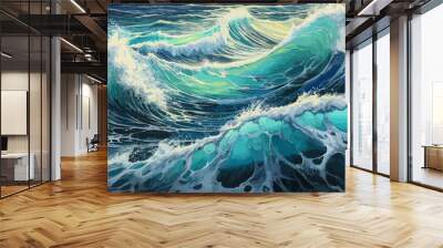 Big wave in a raging sea. A strong storm in the ocean. Big waves. Blue tones. The power of raging nature. Seascape, artwork. Vector illustration design Wall mural