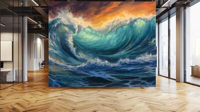 Big wave in a raging sea. A strong storm in the ocean. Big waves. Blue tones. The power of raging nature. Seascape, artwork. Vector illustration design Wall mural