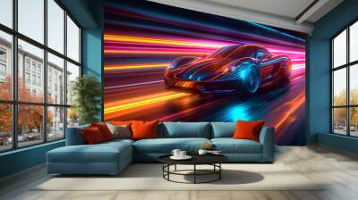 Racing sports car on neon highway. Powerful acceleration of a supercar on a night track with colorful lights and tracks. Blur at high speed. The light trail from the headlights. Wall mural