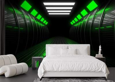 Sci Fy neon lamps in a dark corridor. Reflections on the floor and walls. 3d rendering image. Wall mural