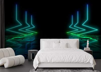 Sci Fy neon lamps in a dark hall. Reflections on the floor and walls. 3d rendering image. Wall mural