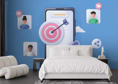 SMM concept 3D illustration. Icon composition with social media marketing, targeting and megaphone promotion, users profiles in mobile phone application. Vector illustration for modern web design Wall mural