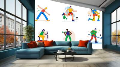 Sport and fitness set of mini concept or icons. People exercise, do yoga, exercise with dumbbells, play football, volleyball or hockey, modern person scene. Vector illustration in flat design for web Wall mural