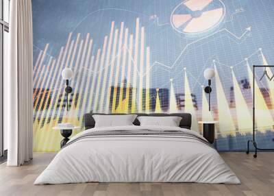 Stock and bond market graph with trading desk bank office interior on background. Multi exposure. Concept of financial analysis Wall mural