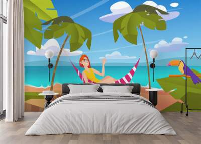 Summer landscape background in flat cartoon design. Wallpaper with happy woman relaxing in hammock among palm trees on tropical island with toucan. Vector illustration for poster or banner template Wall mural