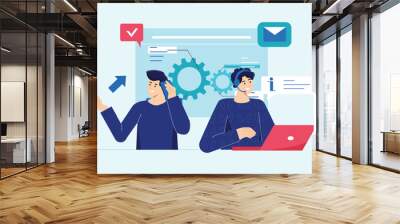 Support blue concept with people scene in the flat cartoon design. Two employees of the support center receive calls from customers with various questions. Vector illustration. Wall mural