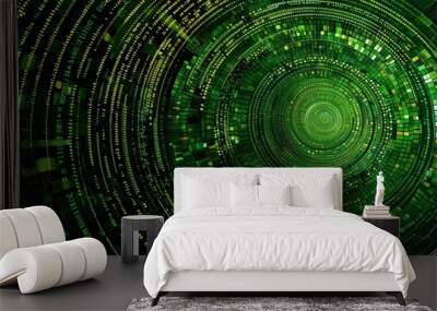 A vivid digital vortex of green matrix code and square pixels, symbolizing high-tech data flow or cyber security concept in a dynamic circular pattern Wall mural