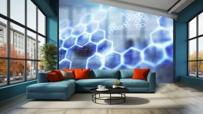 Technology theme drawing with office interior on background. Multi exposure. Concept of innovation Wall mural